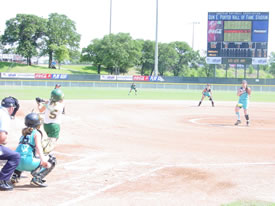 Allie Heon Singles to leadoff against the Belles In the Hall of Fame